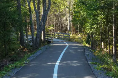 Paved trail with painted lines and walking bridge in background.